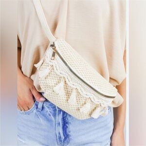 NWT Boho Crochet & Leather Belt Bag With Tassels
